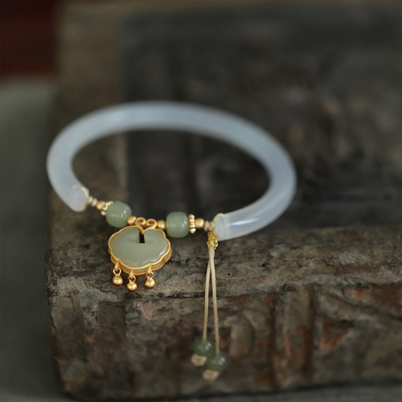 Nimara Ritual Chalcedony Hetian Jade 925 Sterling Silver Auspicious Cloud Ruyi Lock Harmony Cuff Half Bracelet Bangle