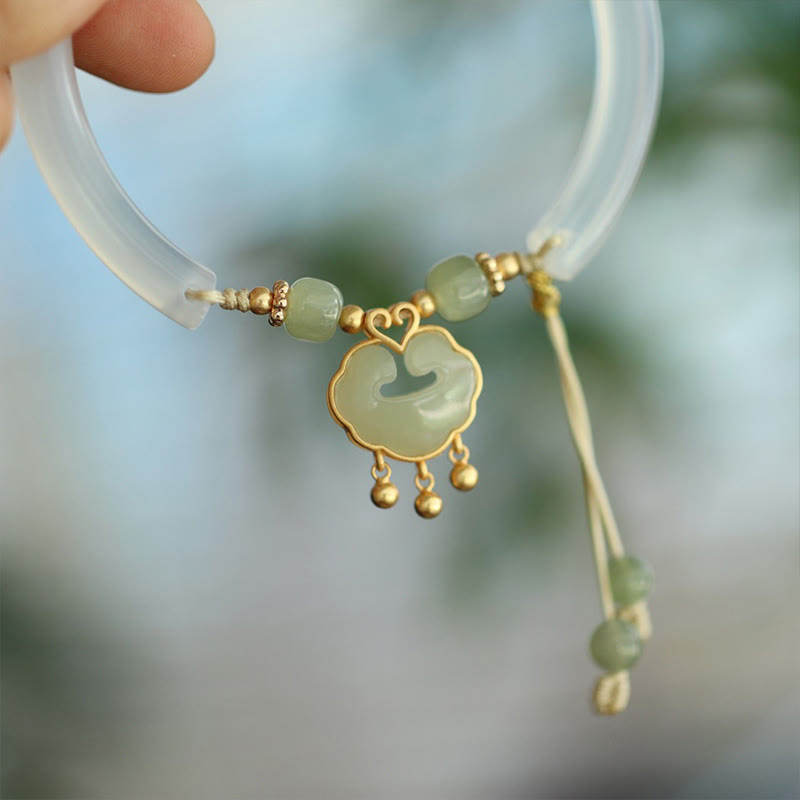 Nimara Ritual Chalcedony Hetian Jade 925 Sterling Silver Auspicious Cloud Ruyi Lock Harmony Cuff Half Bracelet Bangle