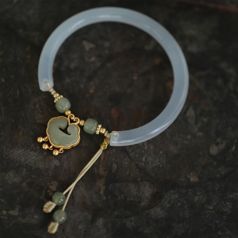 Nimara Ritual Chalcedony Hetian Jade 925 Sterling Silver Auspicious Cloud Ruyi Lock Harmony Cuff Half Bracelet Bangle