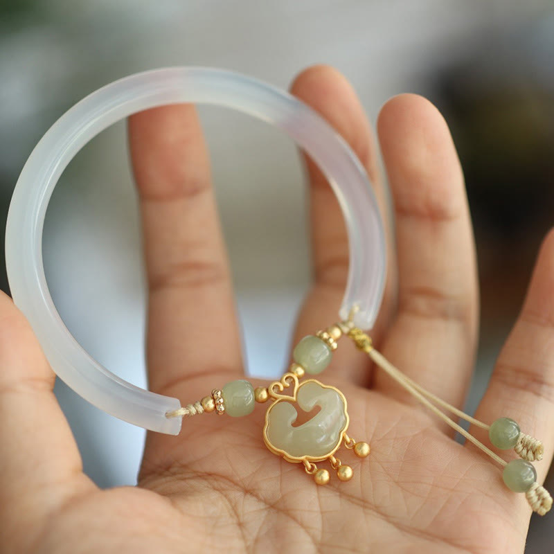 Nimara Ritual Chalcedony Hetian Jade 925 Sterling Silver Auspicious Cloud Ruyi Lock Harmony Cuff Half Bracelet Bangle