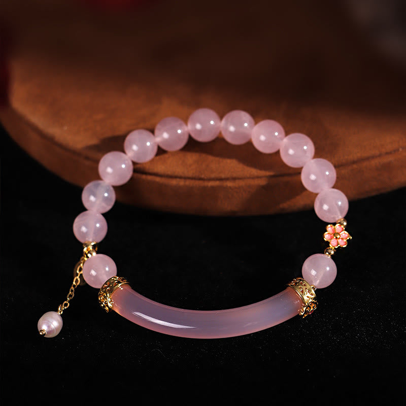 Nimara Ritual Pink Crystal Blue Chalcedony Pearl Cuff Half Bracelet Bangle