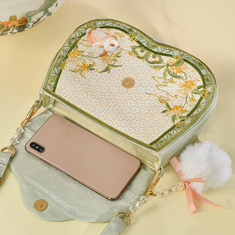 Nimara Ritual Osmanthus Rabbit Embroidery Pearl Chain Furball Tassel Shoulder Bag Crossbody Bag