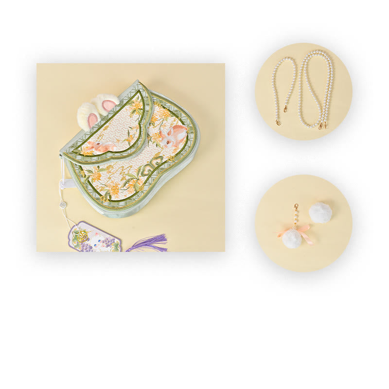 Nimara Ritual Osmanthus Rabbit Embroidery Pearl Chain Furball Tassel Shoulder Bag Crossbody Bag