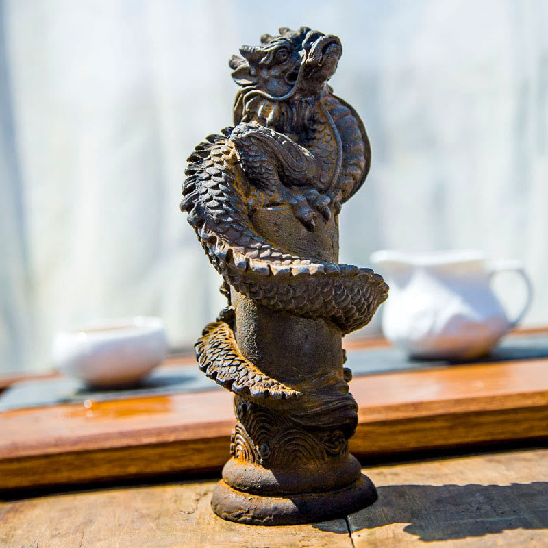 Nimara Ritual Handmade Flying Dragon Around The Pillar Iron Powder Rust Cast Resin Statue Home Decoration