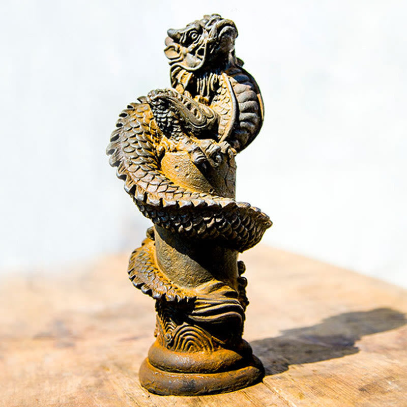 Nimara Ritual Handmade Flying Dragon Around The Pillar Iron Powder Rust Cast Resin Statue Home Decoration