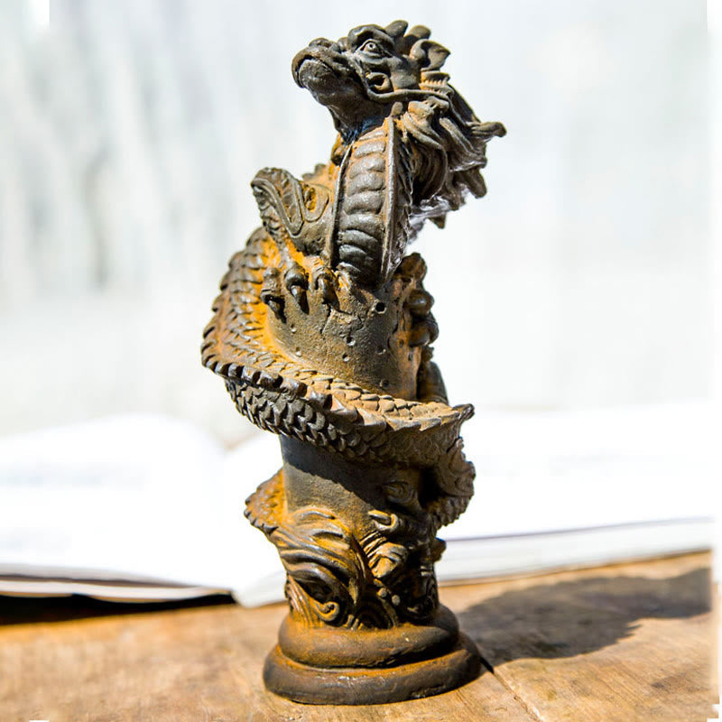 Nimara Ritual Handmade Flying Dragon Around The Pillar Iron Powder Rust Cast Resin Statue Home Decoration