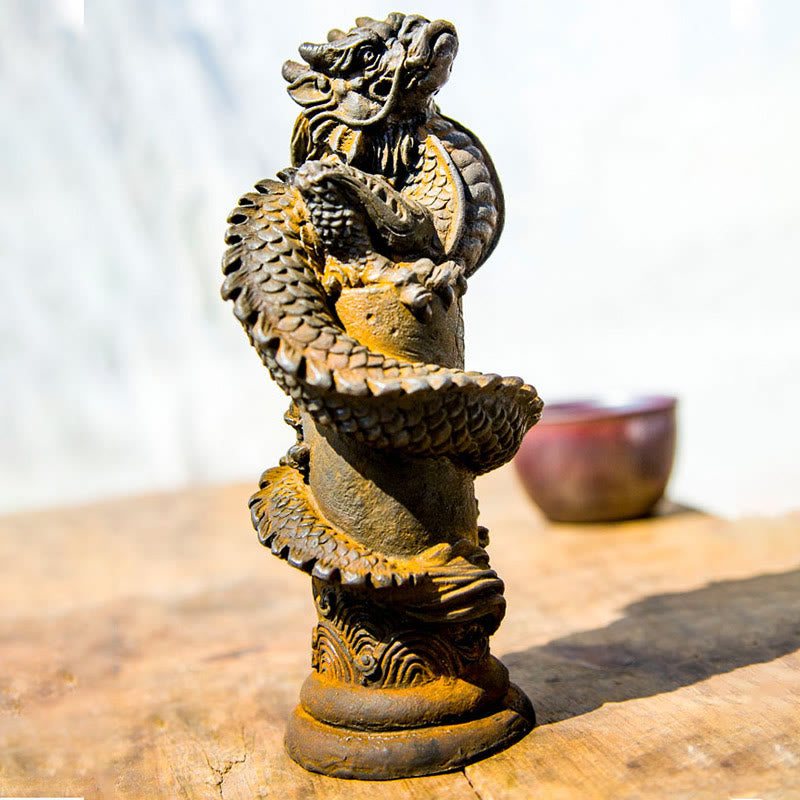 Nimara Ritual Handmade Flying Dragon Around The Pillar Iron Powder Rust Cast Resin Statue Home Decoration