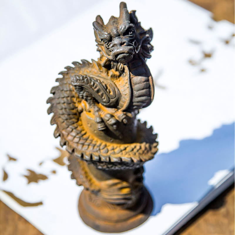 Nimara Ritual Handmade Flying Dragon Around The Pillar Iron Powder Rust Cast Resin Statue Home Decoration