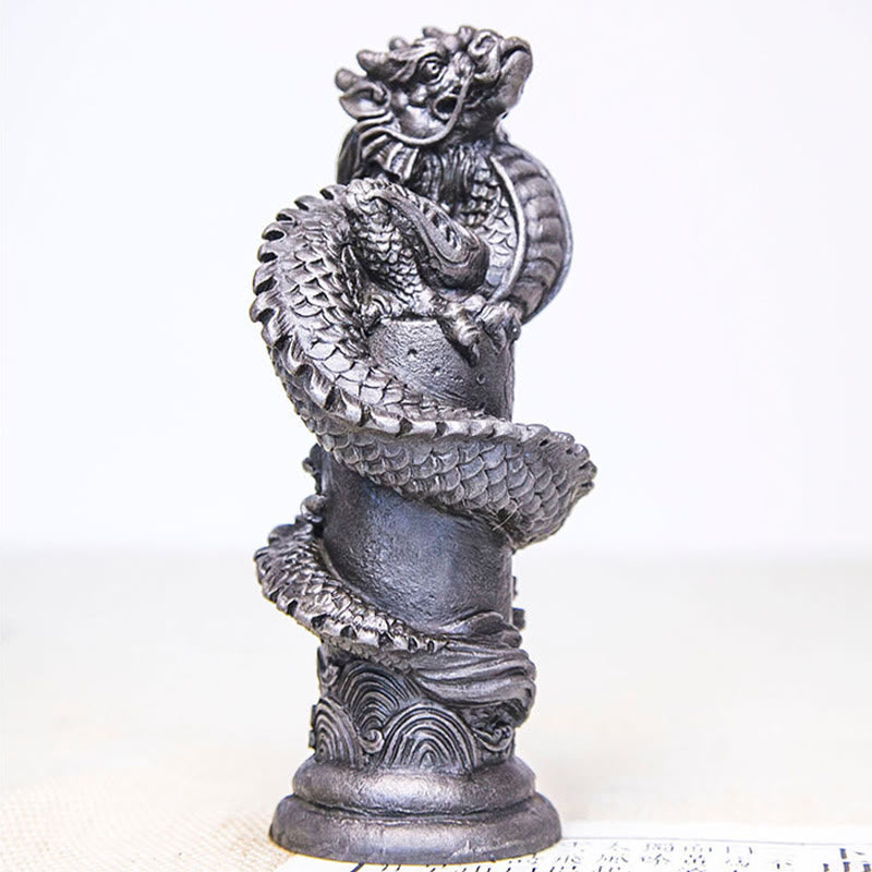 Nimara Ritual Handmade Flying Dragon Around The Pillar Iron Powder Rust Cast Resin Statue Home Decoration