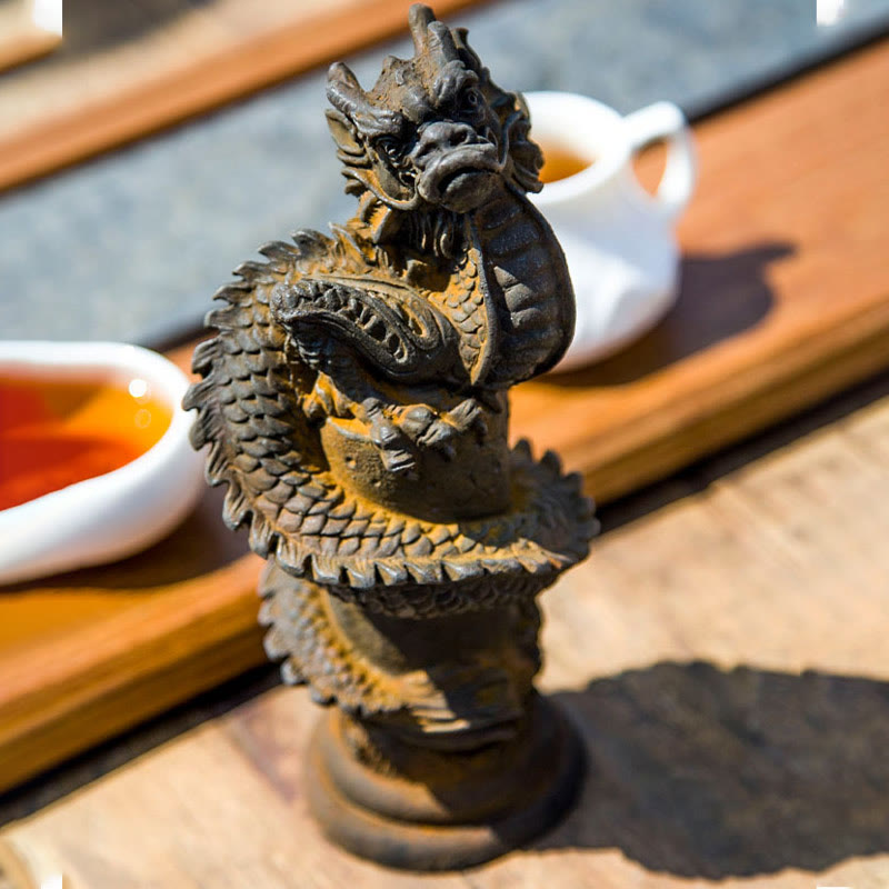 Nimara Ritual Handmade Flying Dragon Around The Pillar Iron Powder Rust Cast Resin Statue Home Decoration