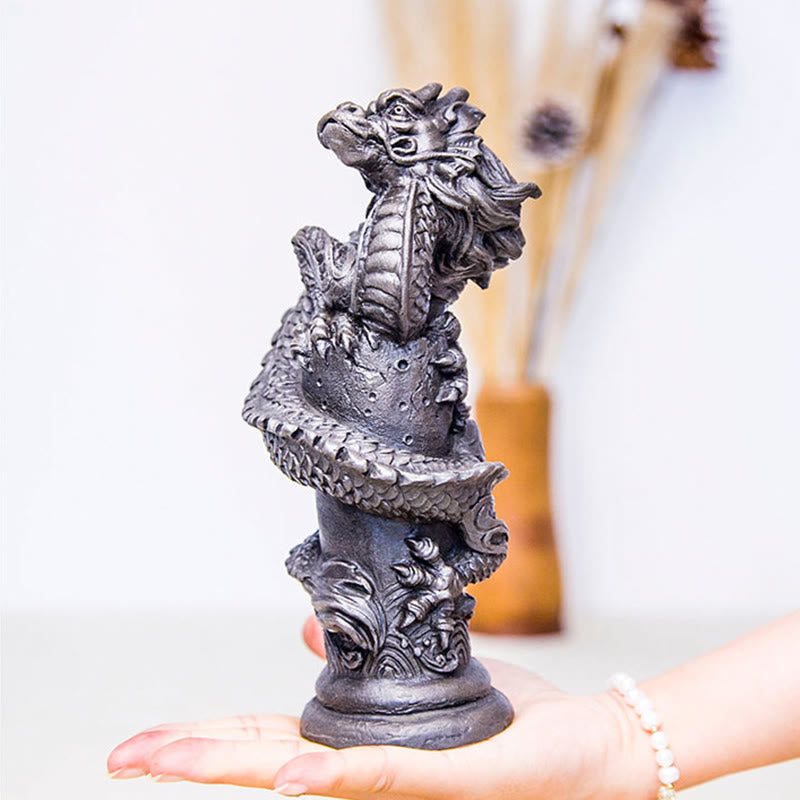 Nimara Ritual Handmade Flying Dragon Around The Pillar Iron Powder Rust Cast Resin Statue Home Decoration