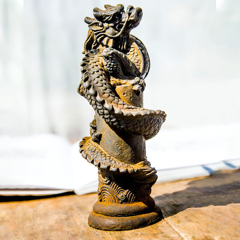 Nimara Ritual Handmade Flying Dragon Around The Pillar Iron Powder Rust Cast Resin Statue Home Decoration