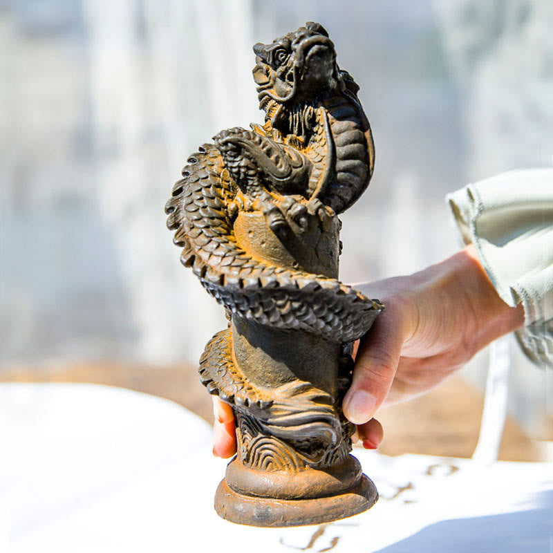 Nimara Ritual Handmade Flying Dragon Around The Pillar Iron Powder Rust Cast Resin Statue Home Decoration