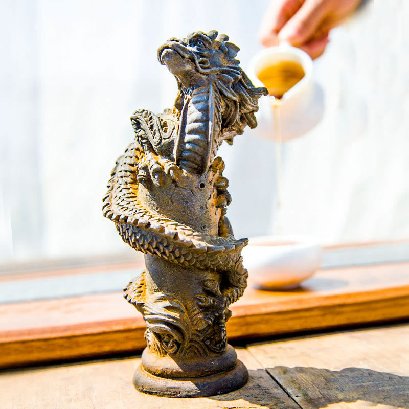 Nimara Ritual Handmade Flying Dragon Around The Pillar Iron Powder Rust Cast Resin Statue Home Decoration