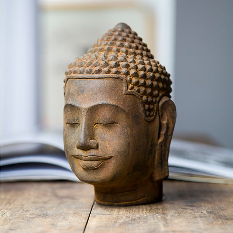 Nimara Ritual Closed Eyes Contemplation Meditating Buddha Head Iron Powder Rust Cast Resin Statue Home Decoration
