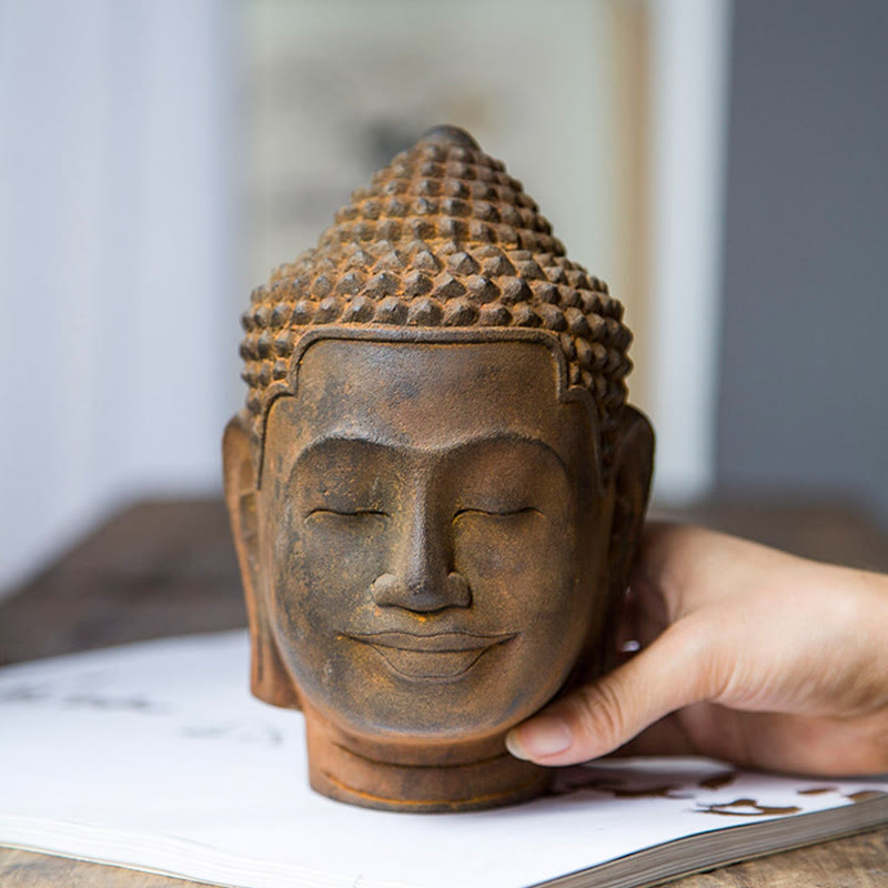Nimara Ritual Closed Eyes Contemplation Meditating Buddha Head Iron Powder Rust Cast Resin Statue Home Decoration
