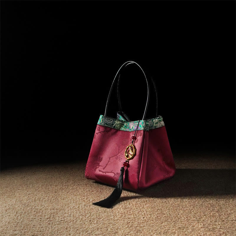 Nimara Ritual Plum Flower Bamboo Branches Embroidery Tassel Xiangyunsha Silk Shoulder Bag Hangbags