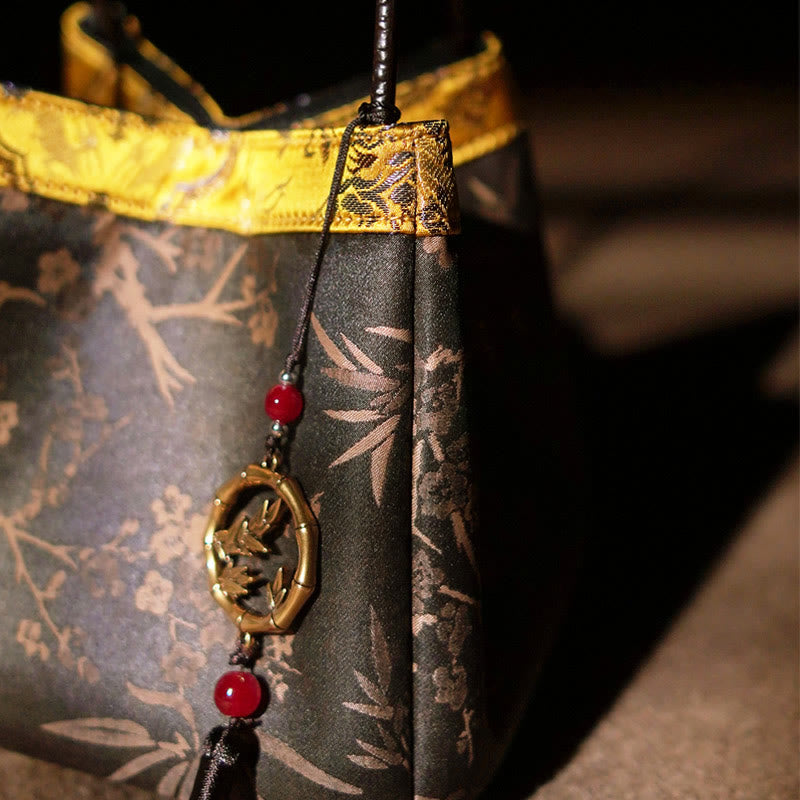 Nimara Ritual Plum Flower Bamboo Branches Embroidery Tassel Xiangyunsha Silk Shoulder Bag Hangbags