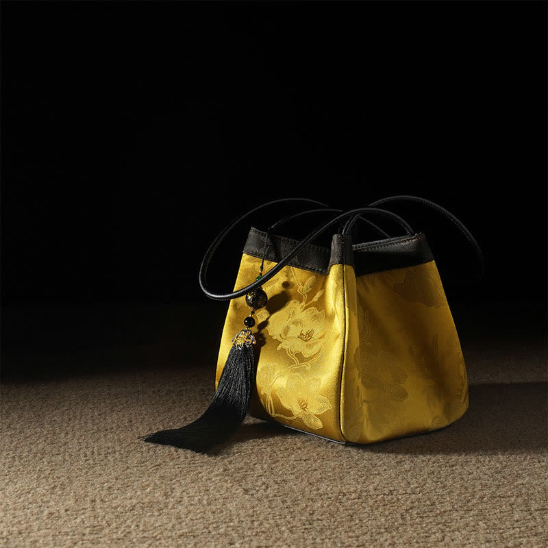 Nimara Ritual Retro Flower Butterfly Bird Embroidery Bead Tassel Mulberry Silk Jacquard Xiangyunsha Silk Shoulder Bag Hangbags