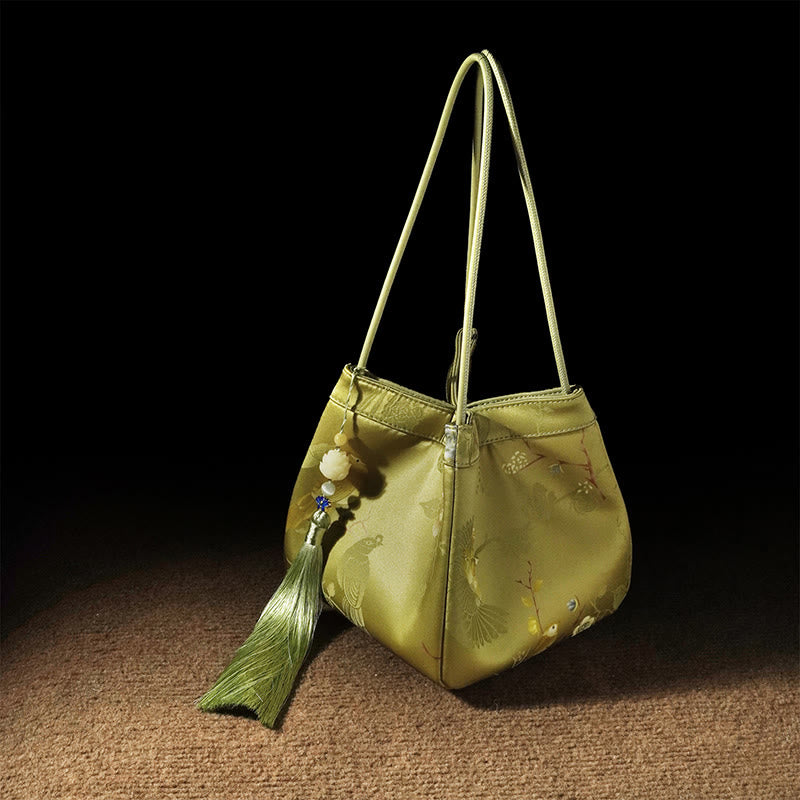 Nimara Ritual Retro Flower Butterfly Bird Embroidery Bead Tassel Mulberry Silk Jacquard Xiangyunsha Silk Shoulder Bag Hangbags