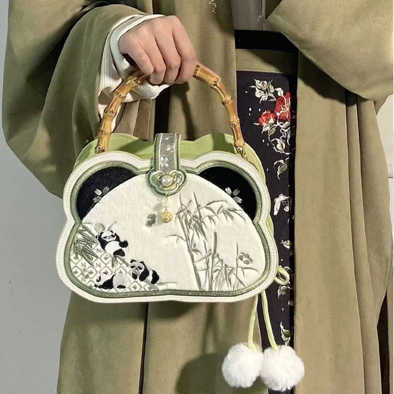 Nimara Ritual Panda Bamboo Embroidery Pearl Chain Chinese Knot Tassel Crossbody Bag Handbags
