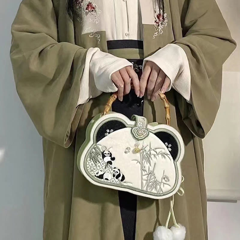 Nimara Ritual Panda Bamboo Embroidery Pearl Chain Chinese Knot Tassel Crossbody Bag Handbags