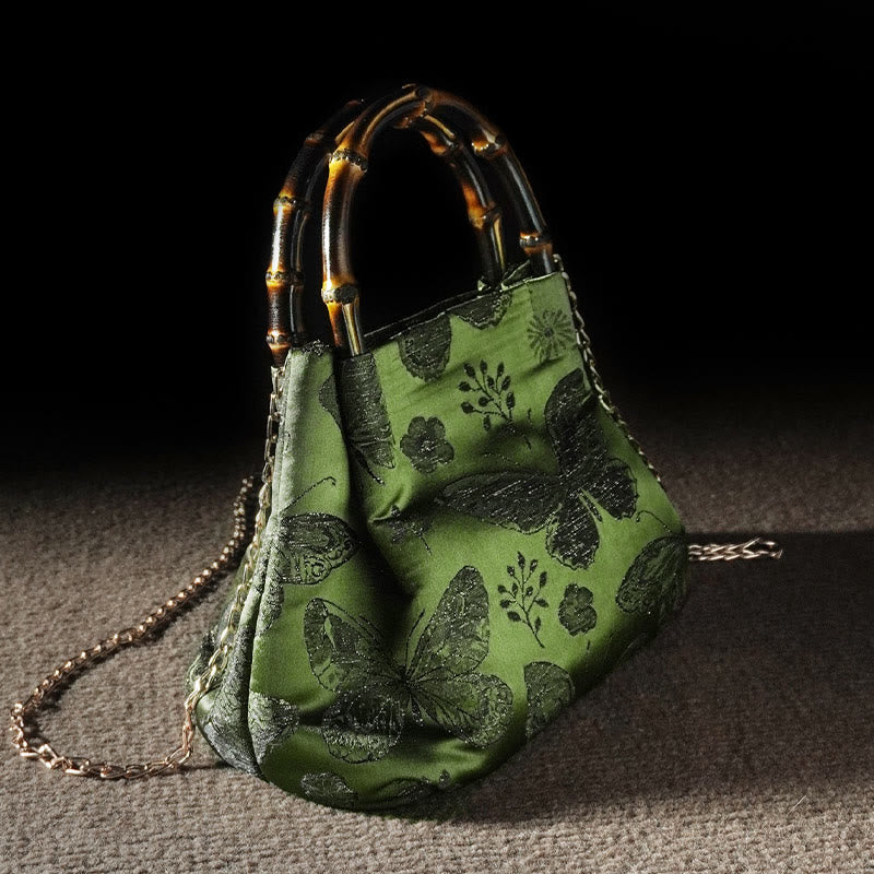 Nimara Ritual Jacquard Flowers Butterfly Bamboo Handle Metal Chain Crossbody Bag Hangbags