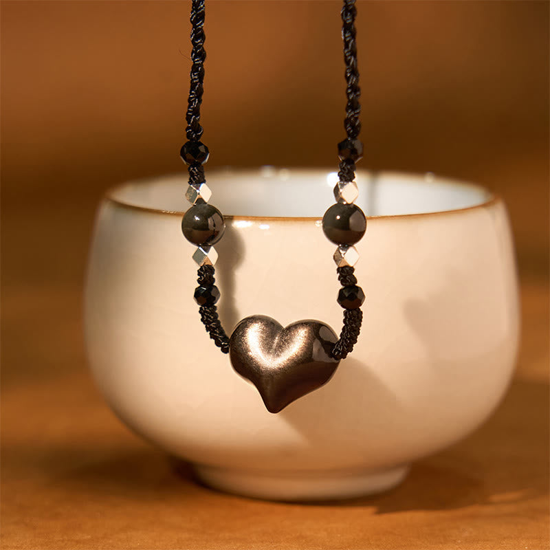 Nimara Ritual Natural Silver Sheen Obsidian Heart Protection Necklace Pendant