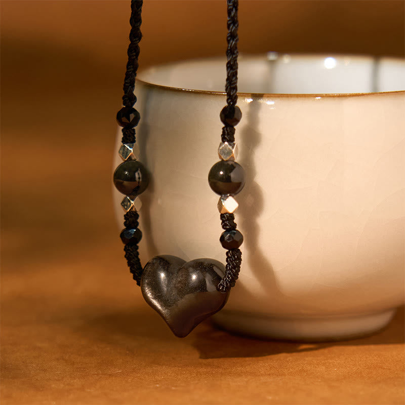 Nimara Ritual Natural Silver Sheen Obsidian Heart Protection Necklace Pendant
