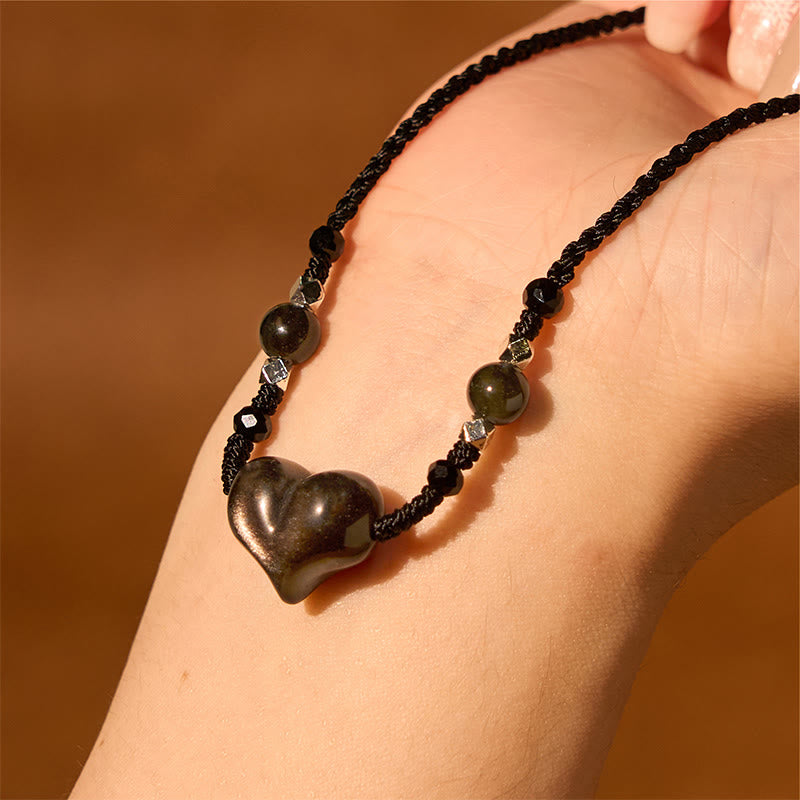 Nimara Ritual Natural Silver Sheen Obsidian Heart Protection Necklace Pendant