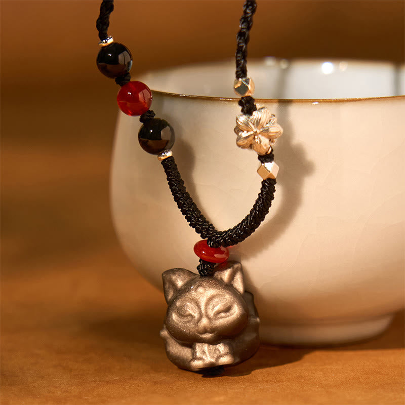 Nimara Ritual Natural Silver Sheen Obsidian Nine Tailed Fox Protection Necklace Pendant