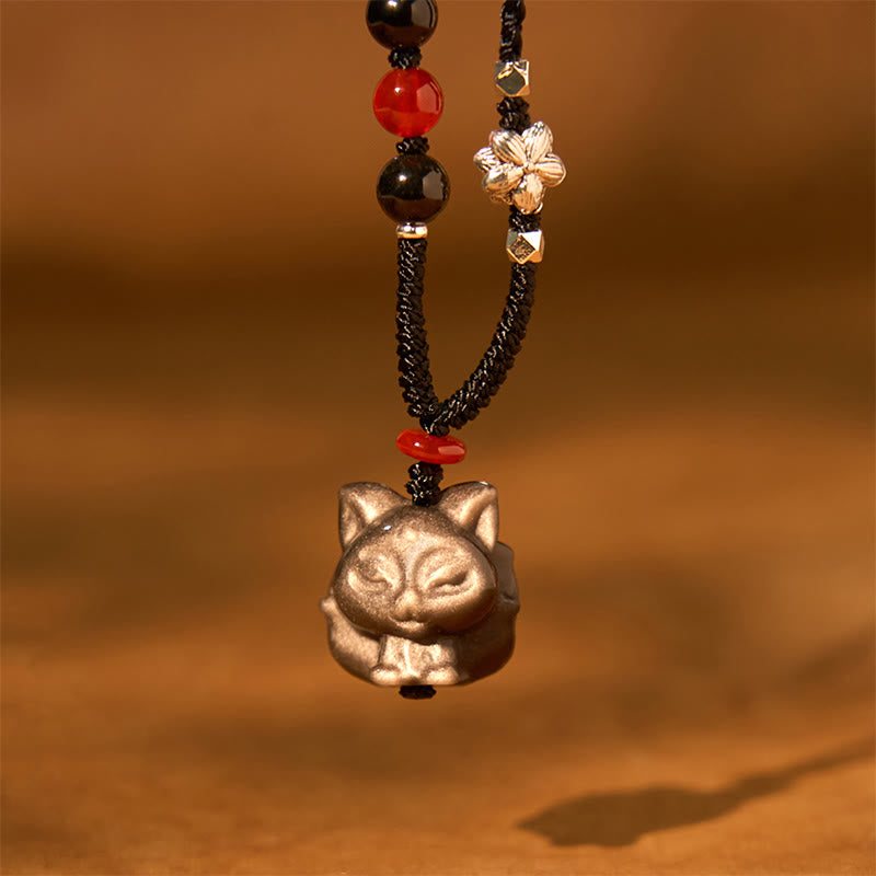 Nimara Ritual Natural Silver Sheen Obsidian Nine Tailed Fox Protection Necklace Pendant