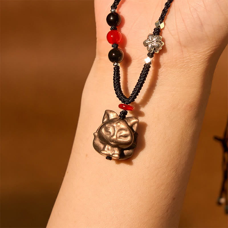 Nimara Ritual Natural Silver Sheen Obsidian Nine Tailed Fox Protection Necklace Pendant