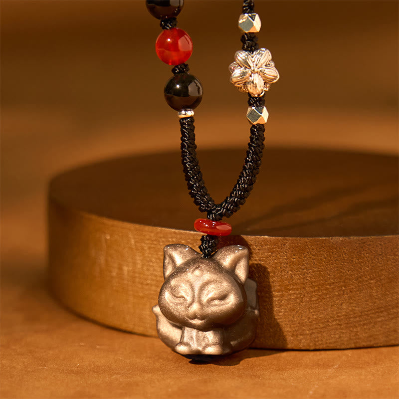 Nimara Ritual Natural Silver Sheen Obsidian Nine Tailed Fox Protection Necklace Pendant