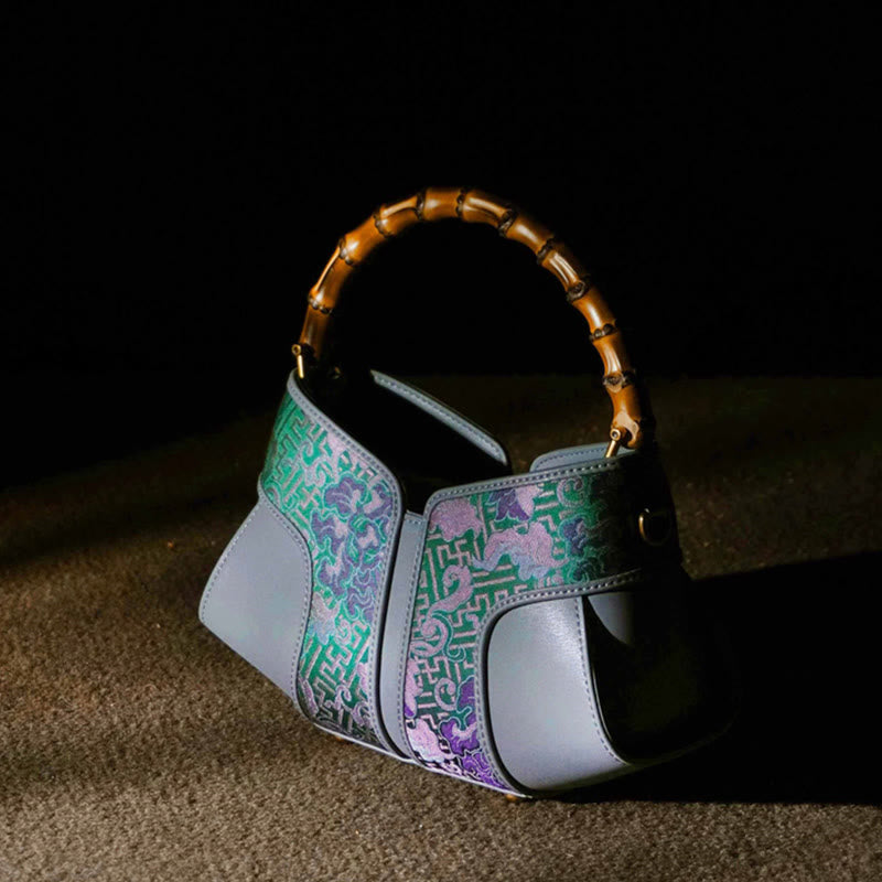 Nimara Ritual Retro Peony Branches Bamboo Handle Song Brocade Xiangyunsha Silk Crossbody Bag Hangbags