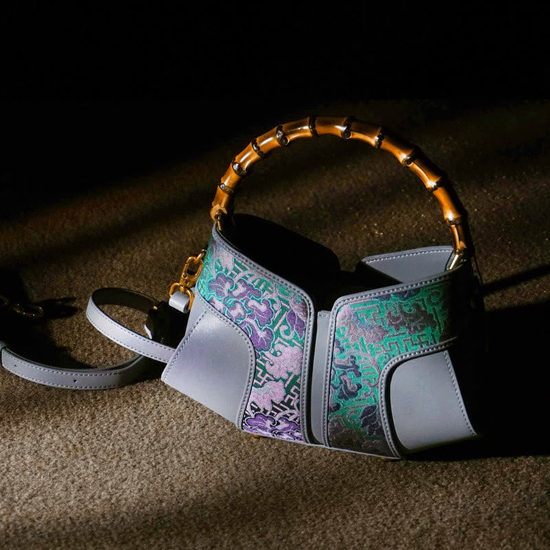 Nimara Ritual Retro Peony Branches Bamboo Handle Song Brocade Xiangyunsha Silk Crossbody Bag Hangbags