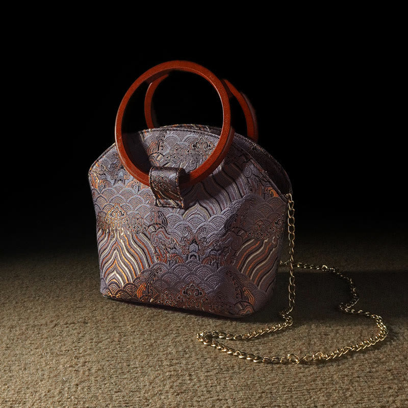 Nimara Ritual Crane Deer Seawater Wave Wood Handle Metal Chain Change Purse Crossbody Bag Hangbags