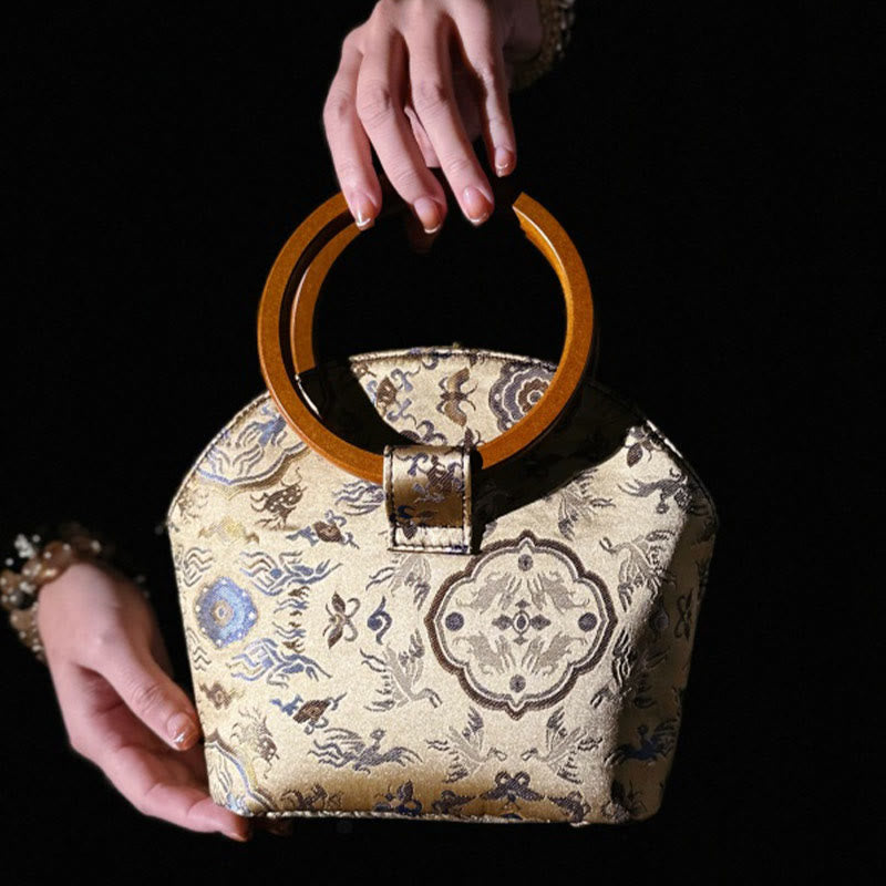 Nimara Ritual Crane Deer Seawater Wave Wood Handle Metal Chain Change Purse Crossbody Bag Hangbags