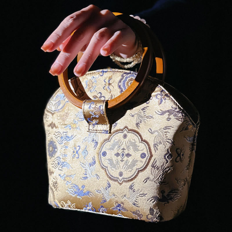 Nimara Ritual Crane Deer Seawater Wave Wood Handle Metal Chain Change Purse Crossbody Bag Hangbags