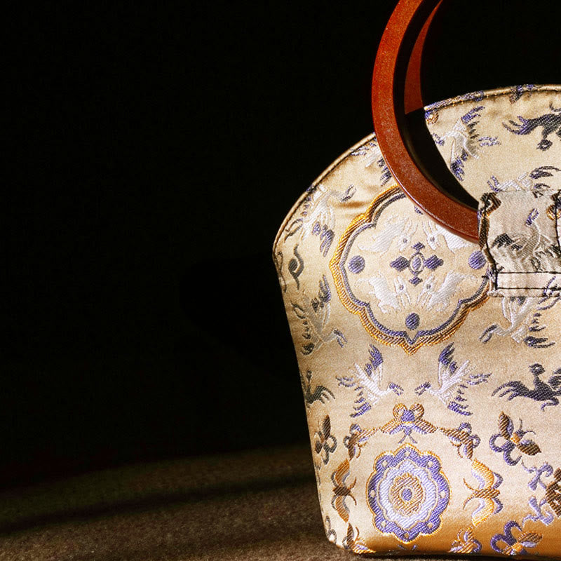 Nimara Ritual Crane Deer Seawater Wave Wood Handle Metal Chain Change Purse Crossbody Bag Hangbags