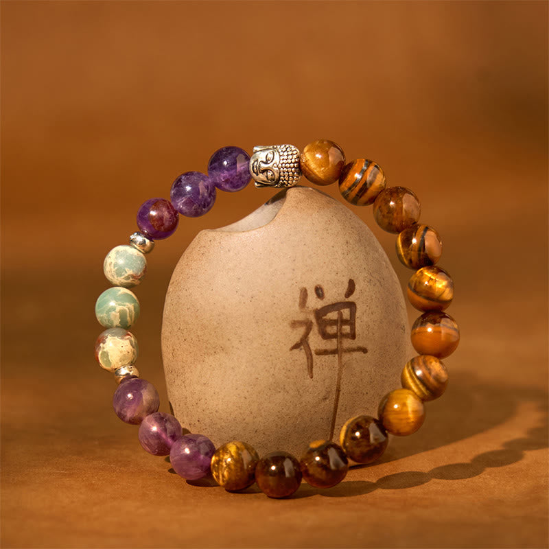 Nimara Ritual Natural Black Onyx White Stone Green Aventurine Tiger Eye Agate Mixed Color Buddha Head Protection Bracelet
