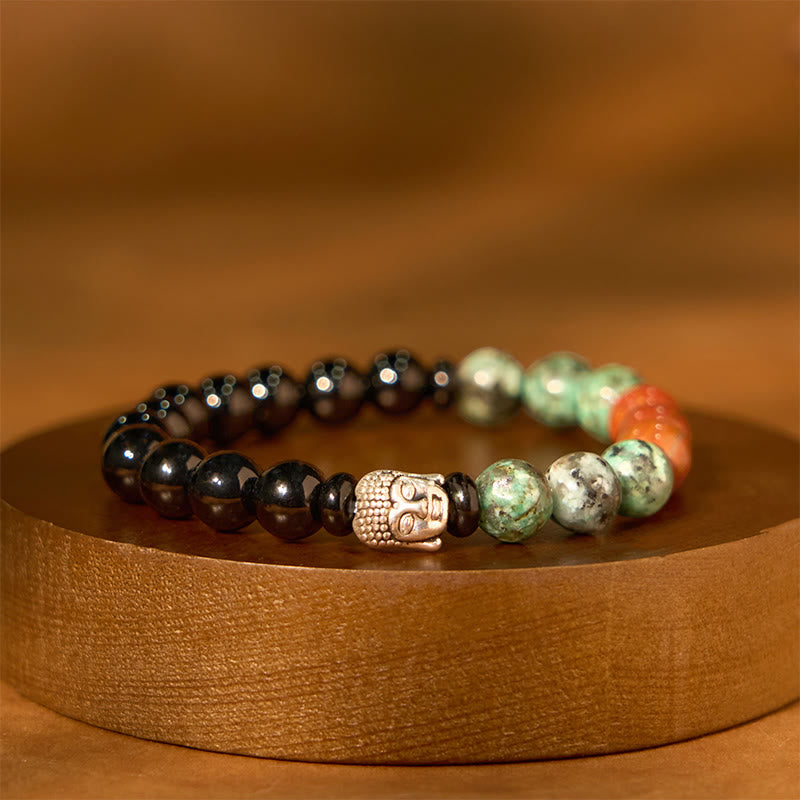 Nimara Ritual Natural Black Onyx White Stone Green Aventurine Tiger Eye Agate Mixed Color Buddha Head Protection Bracelet