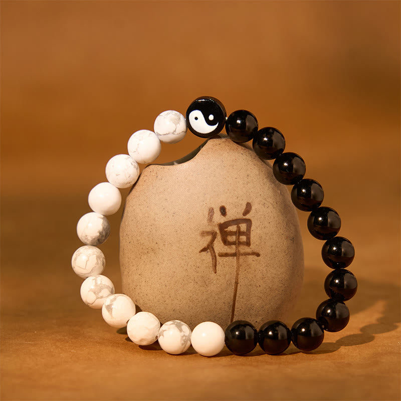 Nimara Ritual Natural Obsidian White Turquoise Yinyang Tai Chi Strength Bracelet