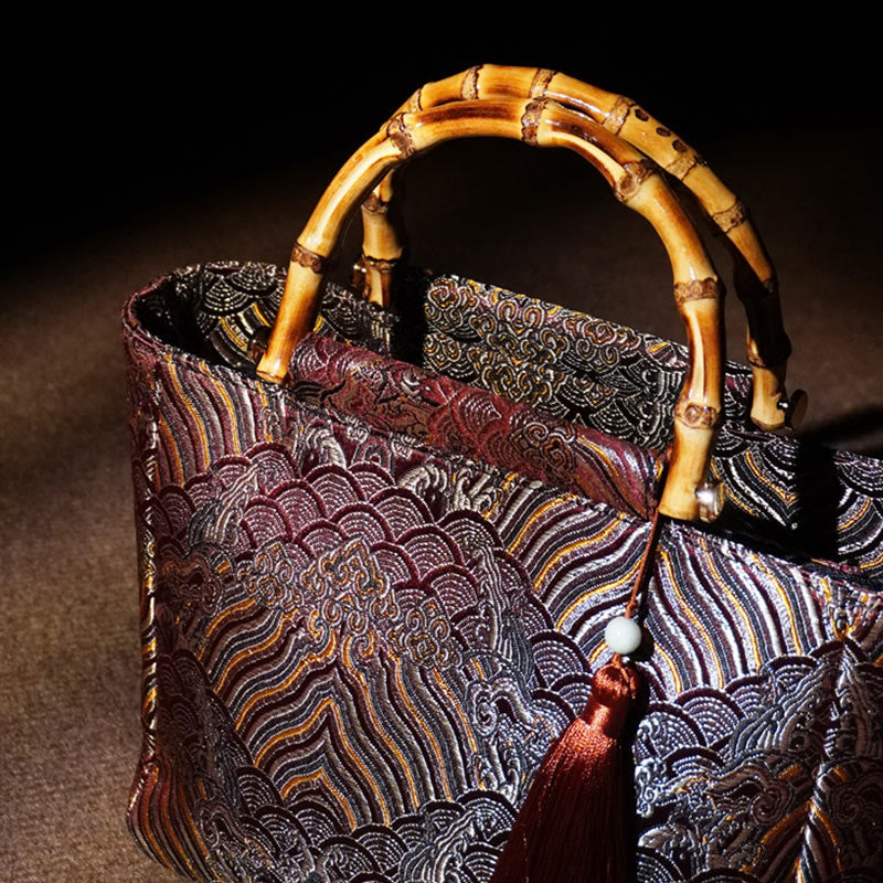 Nimara Ritual Mountain Seawater Wave Pattern Bamboo Handle Bead Tassel Hangbags