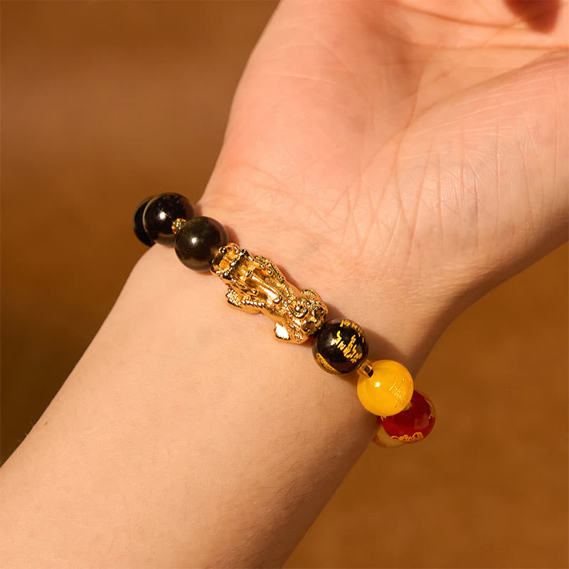 Nimara Ritual Natural Gold Sheen Obsidian PiXiu Five Directions Gods of Wealth Protection Bracelet