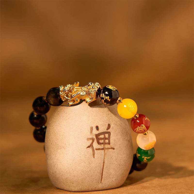 Nimara Ritual Natural Gold Sheen Obsidian PiXiu Five Directions Gods of Wealth Protection Bracelet