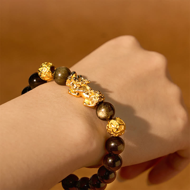 Nimara Ritual Natural Gold Sheen Obsidian PiXiu Om Mani Padme Hum Wealth Bracelet