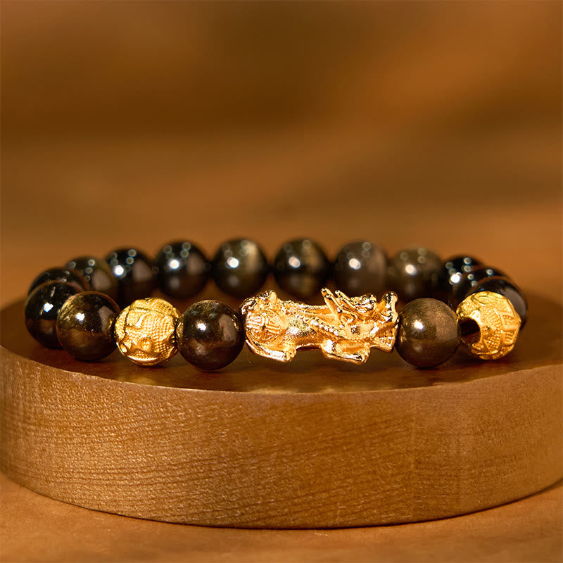 Nimara Ritual Natural Gold Sheen Obsidian PiXiu Om Mani Padme Hum Wealth Bracelet