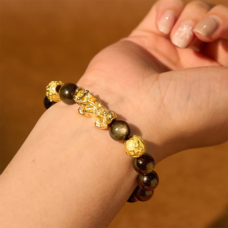 Nimara Ritual Natural Gold Sheen Obsidian PiXiu Om Mani Padme Hum Wealth Bracelet