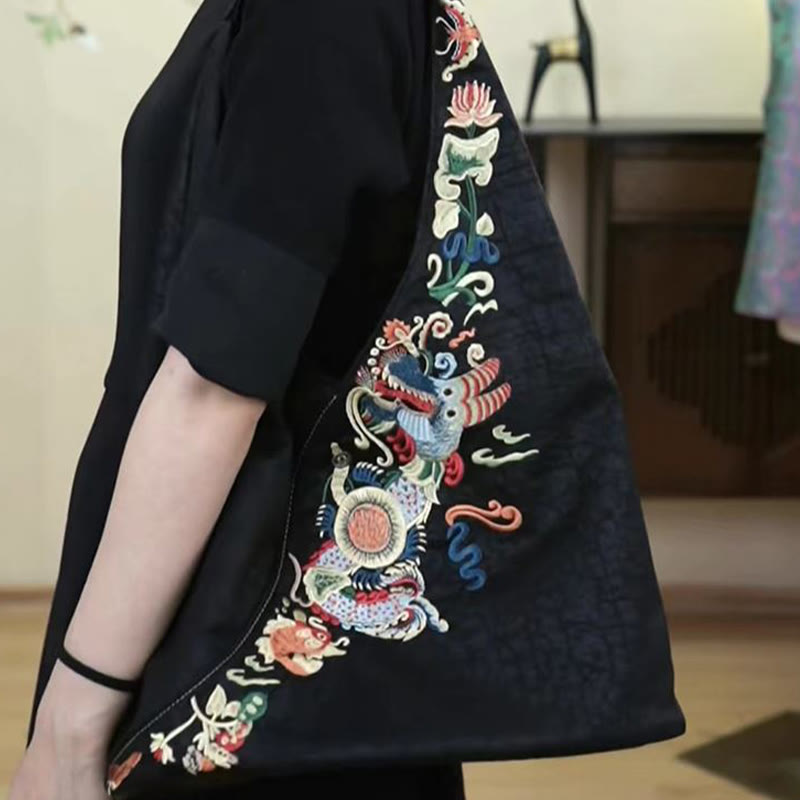Nimara Ritual Fish Flower Phoenix Embroidery Xiangyunsha Silk Shoulder Bag